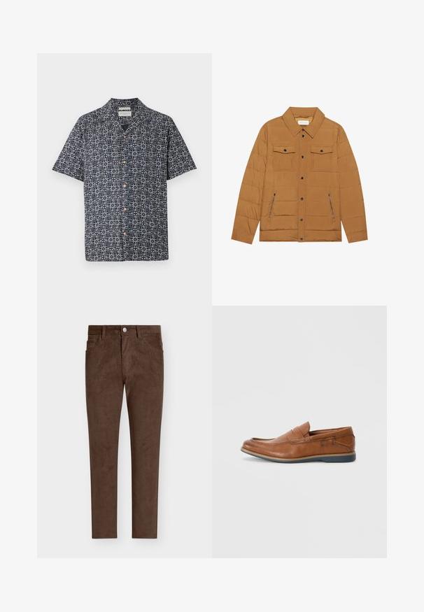 Chaqueta acolchada marrón con cuello puntiagudo, dos bolsillos en el pecho y dos bolsillos laterales con cremallera, con botones a presión negros y una textura suave.; Camisa de manga corta en color navy con un patrón abstracto en blanco, que presenta un cierre de botones en la parte delantera y un collar. Tela suave con un ajuste relajado.; Pantalones de pana marrón con corte recto, que incluyen un cierre de botón, bolsillos frontales y una textura acanalada vertical en toda su superficie.; Mocasines de cuero marrón con puntera redonda, acentos cosidos y suela de goma baja. El diseño cuenta con una banda en la parte superior.