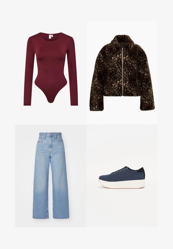 Faux fur leopard print jacket with a cropped design, long sleeves, and a front zipper. Features a collared neck and varied brown tones.; Burgundy long-sleeve bodysuit made of smooth, stretchy fabric; features a rounded neckline and a thong bottom with a snap closure.; Light blue high-waist wide-leg jeans with front button and zip closure, front and back pockets, on a white background.; Navy blue sneaker with a textured fabric upper, white platform sole, rounded toe, and black heel accent. Features six eyelets for laces.