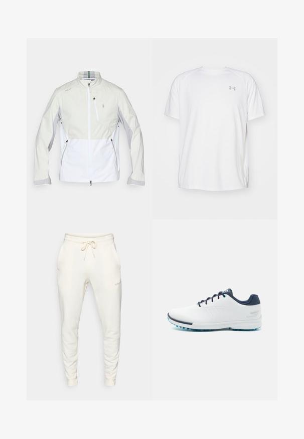 Ľahká bunda v off-white a svetlo šedej farbe, s predným zipsom, vysokým golierom, diagonálnym farebným blokovaním a viacerými zipsovými vreckami.; Biele atletické tričko s krátkym rukávom vyrobené z hladkej tkaniny. Má okrúhly výstrih a šedé logo na ľavej hrudi, so štrbinami po stranách na leme.; Biele teplákové nohavice vyrobené z mäkkej látky, s elastickým pásom na šnúrku, bočnými vreckami a rebrovanými manžetami.; Biele atletické topánky s hladkým syntetickým vrchom, modrými akcentmi, texturovaným námorníckym opätkom a ľahkou, hrotovanou podrážkou pre trakciu.