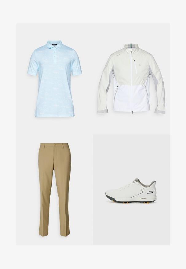 Lekka kurtka w kolorze off-white i jasnoszarym, z zamkiem z przodu, wysokim kołnierzem, ukośnymi bloki kolorów oraz wieloma kieszeniami na zamek.; Jasnoniebieska koszulka polo z krótkim rękawem i kołnierzykiem, zdobiona subtelnym wzorem łodzi i palm. Miękka tekstura materiału.; Khaki spodnie wykonane z gładkiego materiału, z klasycznym krojem, prostymi nogawkami, zapięciem na guzik oraz dwiema bocznymi kieszeniami.; Białe buty sportowe z gładką cholewką, szarymi akcentami i teksturowaną czarną podeszwą z pomarańczowymi kolcami. Lekka konstrukcja skoncentrowana na komforcie.