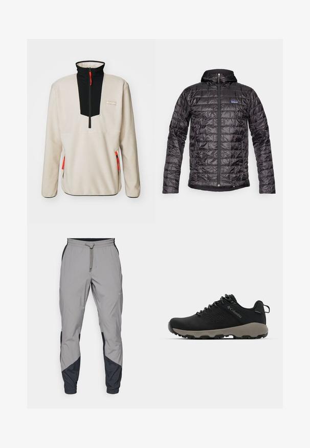 Melnā izolētā jaka ar kapuci, kurai ir kviltota dizaina, priekšējais rāvējslēdzis un logo akcenti kreisajā krūtī. Ūdensnecaurlaidīgs materiāls.; Bēša flīsa džemperis ar melnu rāvējslēdzēja apkakli, ar oranžām akcentiem un logo uzšuvumu. Visi rāvējslēdzēji novietoti sānos.; Viegls, pelēks sporta bikses ar melniem akcentiem. Elastīga josta, ar auklu aizdare, sašaurināts kāju dizains un sānu kabatas.; Melnas pārgājienu kurpes ar gludu virsu, perforētu dizainu, pelēku zoli un nostiprinātu papēdi. Iekļauj auklas un cilpu vieglai uzvilkšanai.