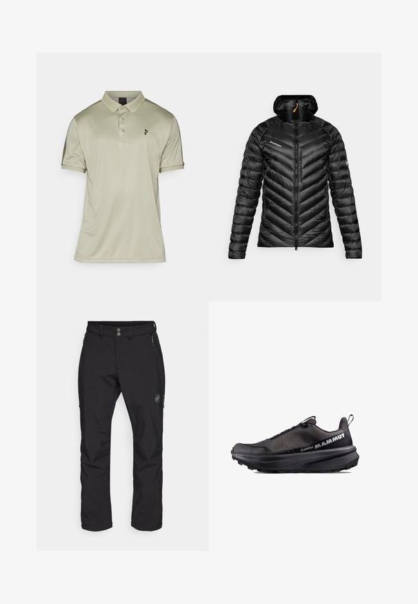 Svart puffjacka med ett Chevron-mönster, dragkedjestängning och huva. Har en logotyp på bröstet och ett strukturerat, glansigt tyg.; Peak Performance PLAYER - Piké - limit green/pine needle; Svarta utomhusbyxor med rak bendesign, tillverkade av slitstarkt tyg. Har två framfickor med dragkedja och en logotyp på låret.; Mammut AENERGY MTN LOW GTX - Hikingskor - iguana black