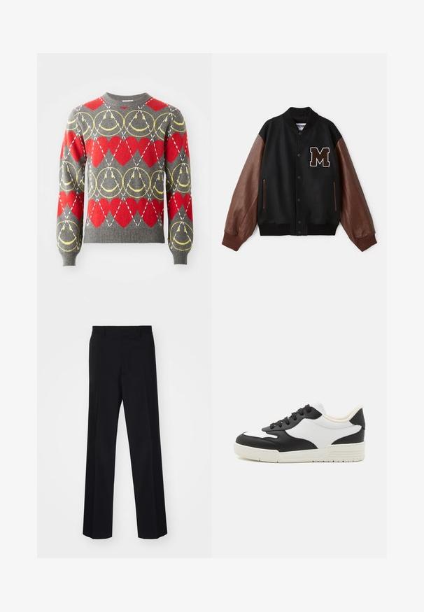 Mustard värvi vuntsiga tikandiga varsity jakk pruunide nahkvarrukatega, ribidega mansetid ja rinnal "M" plaastriga. Omab nööpidega sulgemist ja küljetaskuid.; Hallhallane kampsun punaste südamega ja kollaste ringikujuliste mustritega, millel on valged katkendlikud jooned, mis moodustavad ruudustiku disaini.; Must toorunge T-särk, millel on julge valge "MOSCHINO" tekst esiküljel; ümar kaelus ja lühikesed varrukad. Lihtne disain, klassikaline lõige.; Mustad ülikonnad püksid laia sääre disainiga, sujuva tekstuuriga ja teravate voltidega, valmistatud kootud kangast.; Mustvalge tennise jalanõud siledast nahast ülaosaga, ümarate varvastega ja tasase kummist tallaga. Omab musti paelu ja pehmet voodrit.