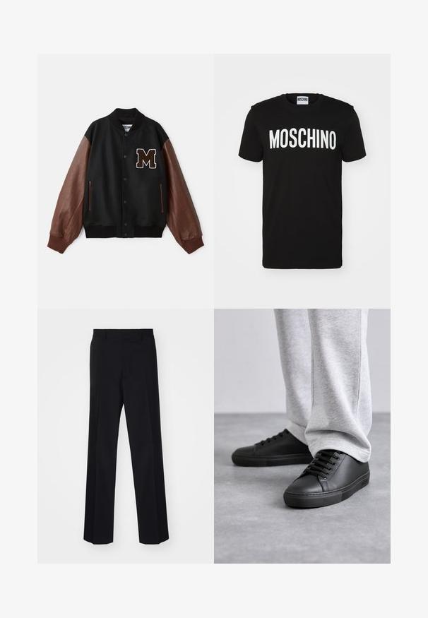 Black varsity jacket with brown leather sleeves, ribbed cuffs, and an "M" patch on the chest. Features snap button closure and side pockets.; Black cotton t-shirt featuring bold white "MOSCHINO" text across the front; crew neck and short sleeves. Simple design, classic fit.; Black tailored trousers with a wide-leg design, featuring a smooth texture and sharp creases, made from a woven fabric.; MOSCHINO UOMO - Trainers - nero/rosso
