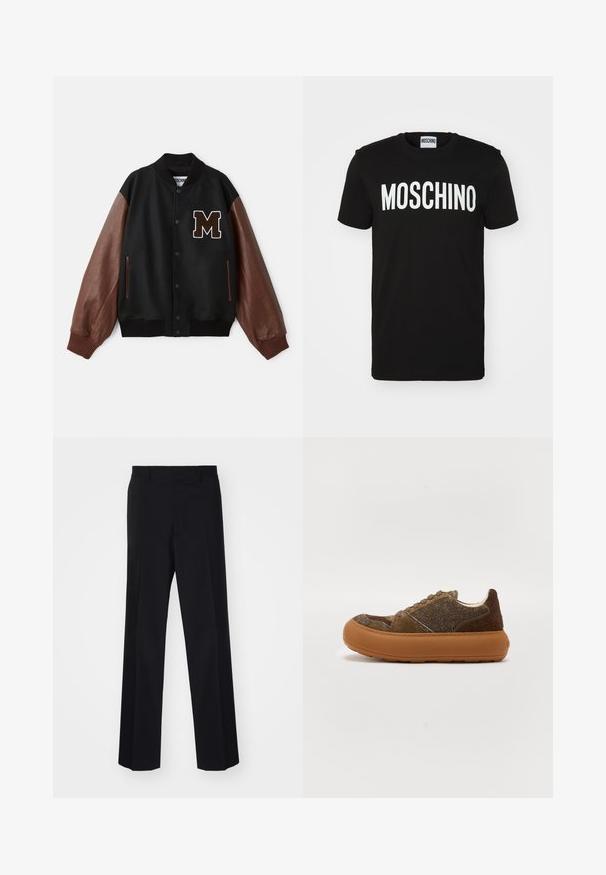 Mustard värvi vuntsiga tikandiga varsity jakk pruunide nahkvarrukatega, ribidega mansetid ja rinnal "M" plaastriga. Omab nööpidega sulgemist ja küljetaskuid.; Must toorunge T-särk, millel on julge valge "MOSCHINO" tekst esiküljel; ümar kaelus ja lühikesed varrukad. Lihtne disain, klassikaline lõige.; Mustad ülikonnad püksid laia sääre disainiga, sujuva tekstuuriga ja teravate voltidega, valmistatud kootud kangast.; Pruuni samet- ja tekstuuriga kangast tennis鞋, millel on paks pruuni kummist tall ja tonalne õmblus. Ümara pruuni paeltega.