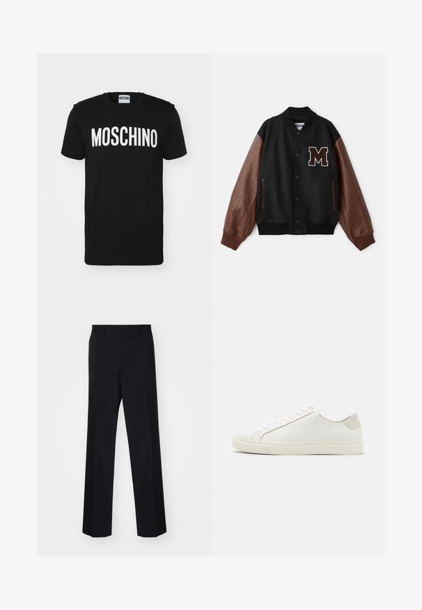 Mustat yliopistotakki, jossa on ruskeat nahkahihat, ribatut hihansuut ja rintatasku, jossa on "M"-merkki. Takissa on nappikiinnitys ja sivutaskut.; Musta puuvillapaita, jonka etuosassa on rohkea valkoinen "MOSCHINO" -teksti; pyöreä kaula-aukko ja lyhyet hihat. Yksinkertainen muotoilu, klassinen istuvuus.; Musta räätälöity lahje leveällä leikkauksella, jossa on sileä pinta ja terävät taitteet, valmistettu kudotusta kankaasta.; Valkoinen nahkakengät, joissa on sileä pinta, pyöreä kärki ja minimalistiinen muotoilu. Varressa beige-yksityiskohtia ja kumipohja.