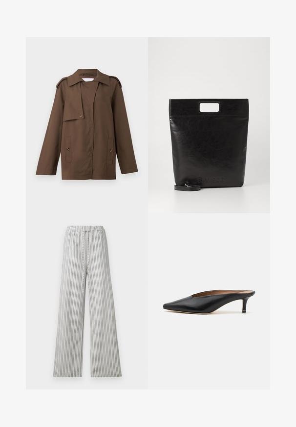 Bruine katoenen jas met een opstaande kraag, schouderepauletten, knoopsluiting aan de voorkant en twee opgestikte zakken op de taille.; Beige gebreide cardigan met lange mouwen, ronde halslijn en knoopsluiting. Heeft een geribde zoom en manchetten, met "2ND DAY" geborduurd op de voorkant.; Mouwloze grijze geribbelde tanktop met een ronde halslijn en een rechte zoom, met een gestructureerde stof en subtiele naden op de schouders.; Lichte, wijde broek met een elastische tailleband. Verticale grijs-witte strepen, zacht materiaal en een relaxte pasvorm. Geen zakken of hardware.; Zwarte leren muiltjes met een puntige neus en een lage, blokhak. Glad oppervlak met een gestroomlijnd ontwerp. Open achterkant met minimale details.; Zwarte leren draagtas met een vierkant handvat, met een gestructureerde afwerking en een reliëflogo. Inclusief een afneembare schouderband.