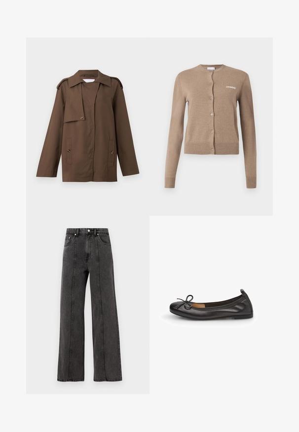 Smeđa pamučna jakna s raširenim ovratnikom, ramenskim epoletama, dugmadi sprijeda i dva zakrpljena džepa na struku.; Bež pleteni kardigan s dugim rukavima, okruglim izrezom i kopčanjem na dugmad. Ima rebrasti rub i manžetne, s vezom "2ND DAY" na prednjem dijelu.; Siva majica bez rukava od rebrastog materijala s okruglim izrezom i ravnim rubom, koja se odlikuje teksturiranim materijalom i suptilnim šavovima na ramenima.; Crne traperice širokih nogavica visokog struka, s prednjim džepovima, vidljivim šavovima i čistim završetkom. Bez ukrasa ili oštećenja.; Crne kožne baletanke s zaobljenim vrhom, s tankim lukom na prednjem dijelu i elastičnim rubom za sigurnu prianjanje. Ravni potplat za udobnost.