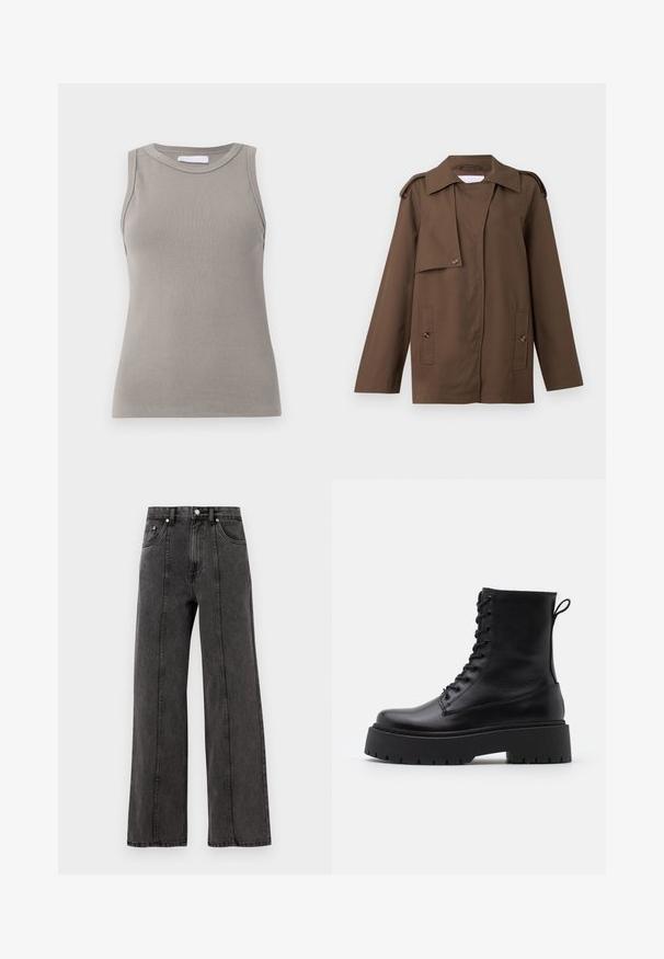 Pruun puuvillane jakk, millel on laiad kraed, õlavarre epauletid, nööpidega esiosa ja kaks nööpiga taskut vööl.; Beež kudumine kardigan pikade varrukatega, ümmarguse kaelusega ja nööpidega kinnitusega. Omab ribakujulist alumist serva ja varrukaotsi, ees on kokku õmmeldud "2ND DAY".; Sleeveteta hall ribiline tank top ümmarguse kaeluse ja sirge alumise servaga, millel on tekstureeritud kangas ja peened õmblused õlgadel.; Mustad denim laiad säärised püksid kõrge vöökoht, esikotid, nähtavad õmblused ja puhas viimistlus. Ilma kaunistuste ja kulumiseta.; Mustad mustad nahast pahkluu saapad ümarate varvastega, nööridega esiosas ja paksu kummist talla ning tekstuuritud mustriga. Tagumine tõmbeaas.