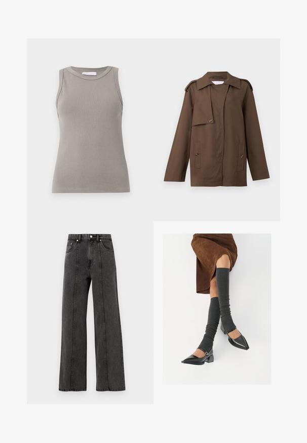 Barna pamut dzseki terjesztett gallérral, vállpántokkal, gombos elülső résszel és két zsebfedeles zsebbel a deréknál.; Beige kötött kardigán hosszú ujjakkal, kerek nyakkivágással és gombos zárással. Ribbed szegély és mandzsetta jellemzi, az elején "2ND DAY" hímzéssel.; Ujjatlan szürke bordázott trikó, kerek nyakkal és egyenes aljjal, texturált anyaggal és finom varrásokkal a vállaknál.; Fekete farmer széles lábú nadrág magas derékkal, elülső zsebekkel, látható varrással és letisztult kivitele. Nincs díszítés vagy kopás.; Fekete lakk bőrből készült, hegyes orrú cipők, tömbsarkúakkal és bokapánttal, szürke bordás lábszármelegítőkkel és barna velúr szoknyával párosítva.