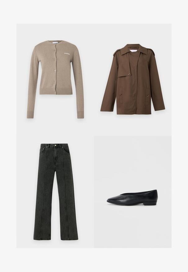 Braune Baumwolljacke mit einem umschlagbaren Kragen, Schulterklappen, knöpfbarem Vorderteil und zwei aufgesetzten Taschen auf der Hüfte.; Beiger Cardigan mit rundem Ausschnitt, langen Ärmeln und Knopfverschluss. Mit gerippten Bündchen und Saum sowie einem kleinen weißen Logo auf der Vorderseite.; Geripptes Tanktop in Olivgrün mit rundem Halsausschnitt und ärmellosem Design. Hergestellt aus weichem, dehnbarem Material mit figurbetonter Passform.; Hochtaillierte Jeans mit weitem Bein aus dunkelgrauem Denim. Verfügt über ein klassisches Fünf-Taschen-Design und sichtbare Nähte entlang der vorderen Nähte.; Schwarze Lederflatschuhe mit spitzer Zehenform, leicht erhöhtem Absatz und glatter Oberfläche. Schlichtes Design ohne sichtbare Hardware oder Muster.