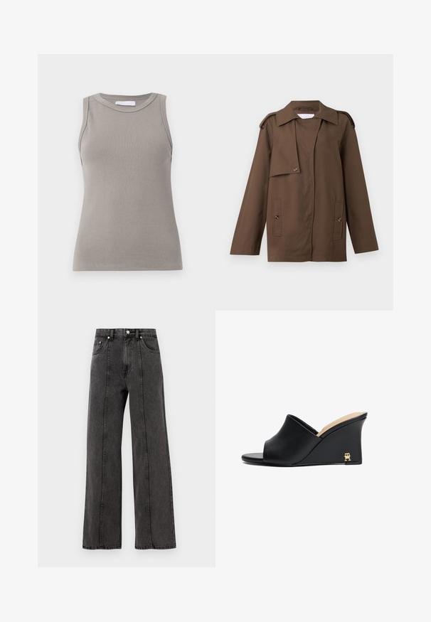 Braune Baumwolljacke mit einem umschlagbaren Kragen, Schulterklappen, knöpfbarem Vorderteil und zwei aufgesetzten Taschen auf der Hüfte.; Ärmelloses graues Ripp-Top mit runder Ausschnitt und geradem Saum, aus strukturiertem Stoff mit dezenten Nähten an den Schultern.; Schwarze Jeans mit weitem Bein und hohem Bund, ausgestattet mit vorderen Taschen, sichtbaren Nähten und einem sauberen Finish. Keine Verzierungen oder Abnutzungen.; Schwarze Leder-Wedge-Sandalen mit offenem Zeh und geschwungenem Design, ausgestattet mit einem goldenen Metallelement an der Ferse. Glatte Textur.