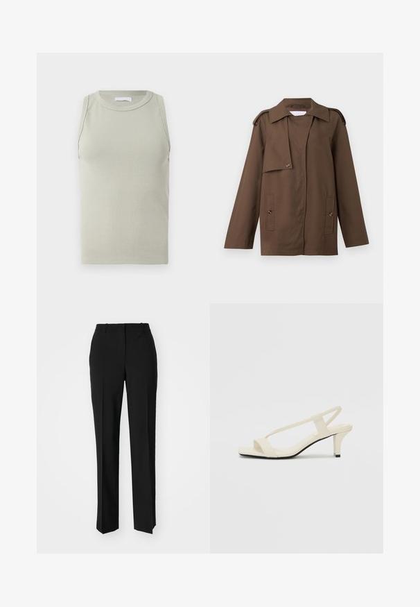 Braune Baumwolljacke mit einem umschlagbaren Kragen, Schulterklappen, knöpfbarem Vorderteil und zwei aufgesetzten Taschen auf der Hüfte.; Hellgrünes, geripptes Tanktop mit Rundhalsausschnitt und ärmellosem Design. Es hat eine figurbetonte Silhouette und eine weiche Textur.; Schwarze, taillierte Hose mit geradem Bein, aus einem glatten Stoff und mit klaren Falten an der Vorderseite. Keine sichtbare Hardware.; Beige Blockabsatzsandalen mit dünnen Riemen und quadrater Spitze. Glattes Material mit minimalem Design, entworfen für einfaches Tragen.