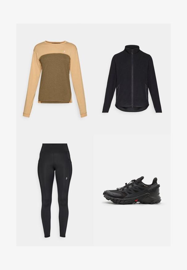 Mustat fleece-takit, joissa on korkea kaulus, koko etuvetoketju ja kaksi sivutaskua vetoketjulla. Teksturoitu pinta ja kaareva helma.; Pitkähihaisen paidan yläosa on beige ja alaosa tummanoliivinvihreä. Pehmeä, tekstuuriinen kangas, jossa on erottuvat olkasaumat.; Musta täyspitkä leggingsit joustavasta materiaalista, joissa on korkea vyötärö, sivutaskut ja pieni logo vasemmassa reisissä.; Musta urheilukenkä, jossa on teksturoitu päällinen, turvallinen nauhoitusjärjestelmä, pehmeä pohja ja erottuva punainen yksityiskohta sivulla.