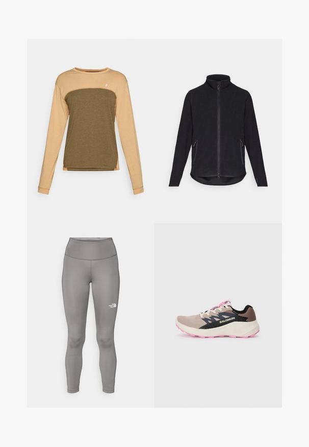 Schwarze Fleecejacke mit hohem Kragen, durchgehendem Reißverschluss und zwei seitlichen Reißverschlusstaschen. Verfügt über eine strukturierte Oberfläche und einen abgerundeten Saum.; Langärmliges Shirt mit einem beigen oberen Teil und einem dunkelolivgrünen unteren Teil. Weicher, strukturierter Stoff mit kontrastierenden Schulternähten.; Graue Leggings aus einem elastischen Material, mit einem hohen Bund und dem weißen Northern Face-Logo auf dem linken Bein.; Beige und pinkfarbene Salomon-Laufschuhe mit schwarzem Logo und Designelementen, cremefarbener Zwischensohle und pinkfarbener Außensohle, von der Seite auf einem schlichten Hintergrund betrachtet.