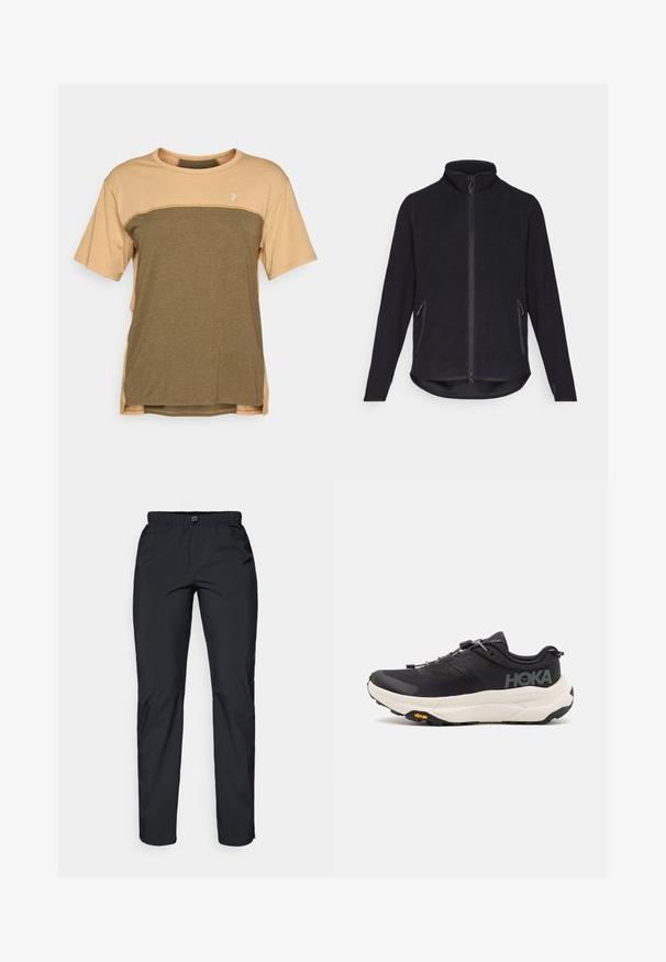 Casaco de polar preto com colarinho alto, fecho de correr frontal completo e dois bolsos laterais com zíper. Apresenta uma superfície texturizada e uma bainha curva.; T-shirt de manga curta com decote redondo, com a parte superior em bege e a parte inferior em verde-oliva, apresentando um pequeno logótipo no peito.; Calças pretas, leves e resistentes à água, com cintura elástica e dois bolsos laterais; textura suave; design de perna reta.; Ténis de desporto pretos com um cabedal em malha respirável, sola de borracha, entressola branca com amortecimento e atacadores refletivos. Logótipo Vibram na sola.