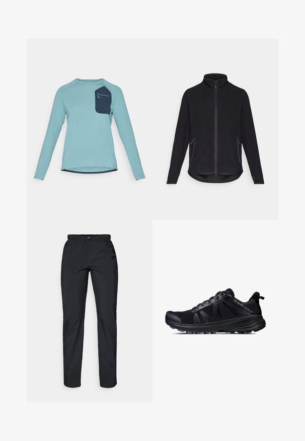 Giacca in pile nera con colletto alto, zip frontale completa e due tasche laterali con zip. Presenta una superficie testurizzata e un orlo curvo.; Camicia a maniche lunghe in tessuto texturizzato blu chiaro. Presenta una tasca blu navy con marchio. Girocollo e design con orlo curvo.; Pantaloni neri, leggeri e resistenti all'acqua, con vita elastica e due tasche laterali; texture liscia; design a gamba dritta.; Scarpe da trail running nere con tomaia in rete e suola in gomma. Presentano sovrapposizioni testurizzate, punta rinforzata e logo del marchio sul tallone.