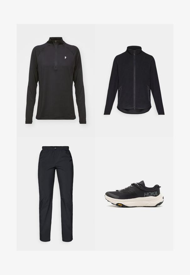 Zwarte fleece jas met een hoge kraag, volledige ritssluitingen aan de voorkant en twee zijzakken met ritssluiting. Heeft een gestructureerd oppervlak en een gebogen zoom.; Zwarte langekmolecule kwart-bis top met een gladde textuur en een getailleerd ontwerp. Heeft raglanmouwen en een klein wit logo op de borst.; Zwarte, lichte, waterdichte broek met elastische tailleband en twee zijzakken; gladde textuur; recht model.; Zwarte sportschoenen met een ademend bovenwerk van mesh, rubberen buitenzool, witte dempende tussenzool en reflecterende veters. Vibram-logo op de buitenzool.