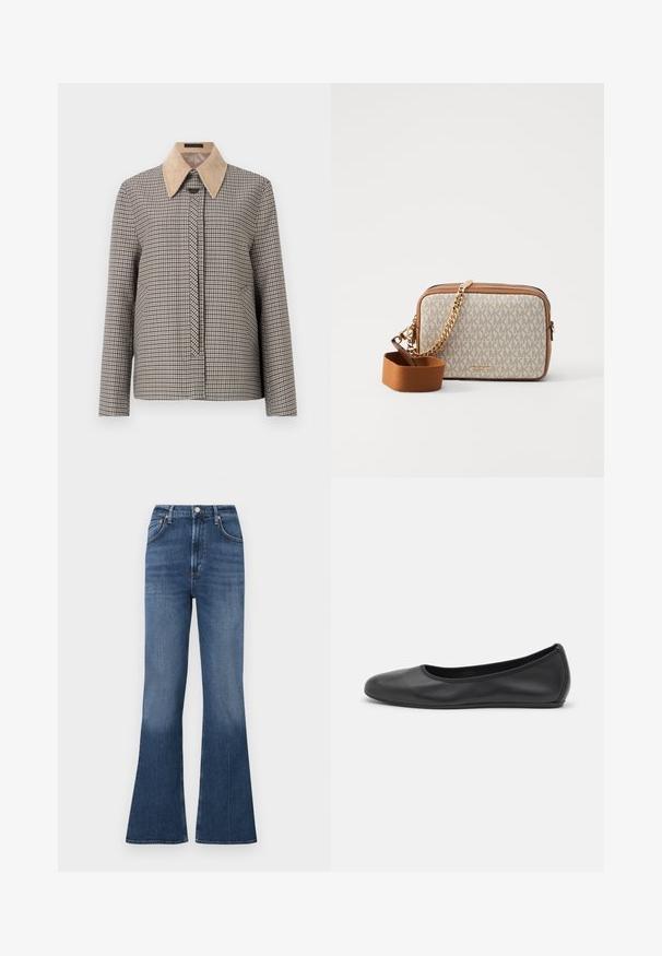 Camisa de cuadros con cuello de pana beige. Presenta mangas largas, tapeta frontal y un patrón de tela texturizado.; Blusa blanca con escote redondeado, delantero plisado y mangas abullonadas de tres cuartos. Hecha de una tela ligera con una textura suave.; Jeans acampanados de mezclilla azul con cintura alta. Cuenta con cinco bolsillos, cierre de botón y un ligero desgaste en el dobladillo.; Bailarina de piel negra con punta redondeada, textura suave, detalle de costura minimalista y diseño de suela flexible.; Bolso cruzado con una tela de color crema que presenta un patrón repetido del logo de MK, acentos de cuero marrón y una correa de cadena dorada con una correa marrón desmontable.