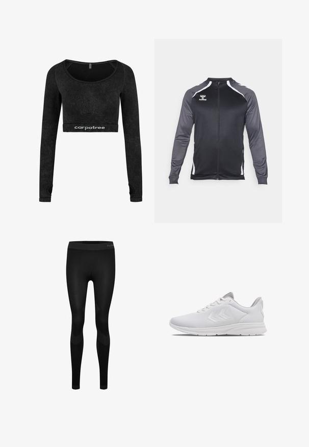 Schwarze und graue Sportjacke mit vollem Reißverschluss, langen Ärmeln und weißen Akzenten. Mit Logo auf der Brust und einer figurbetonten Passform.; Schwarzes langärmliges Crop-Top aus weichem Material. Verfügt über einen runden Halsausschnitt und strukturierte Akzente entlang der Ärmel. Logo am Saum angebracht.; Schwarze Leggings aus elastischem Stoff, mit einem strukturierten Bund und geometrischen Mustern auf den Beinen für zusätzliche Designdetails.; Weiße Sportschuhe mit einem Obermaterial aus Mesh, strukturierten Details und einer gepolsterten Sohle. Sie zeichnen sich durch ein minimalistisches Design und dezente Logoakzente aus.