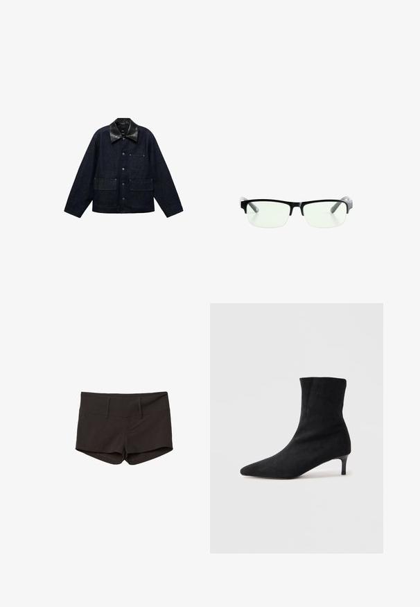 Mörk denimjacka med krage i svart läder, med framknäppningar med tryckknappar, två stora framfickor och en bröstficka.; Vävt tyg med ett svart, vitt och grått rutmönster, med varierade strukturer och draperingar, som visar upp mjuka fibrer och släta ytor.; Svarta bomullsshorts med en figurnära design, som har en mjuk yta och två framfickor. Midje med medelhög höjd och inga synliga mönster.; Svart mocka ankelboot med spetsig tå och en smal, något bågformad klack. Slät textur och minimalistisk design.; Svarta rektangulära glasögon med klara linser, med eleganta svarta bågar och grå genomskinliga tempelspetsar. Minimalistisk design, utan synlig varumärkeslogotyp.; Svart läderhandväska med slät textur, strukturerad design, dubbla handtag och en silverfärgad låsdetalj i mitten.