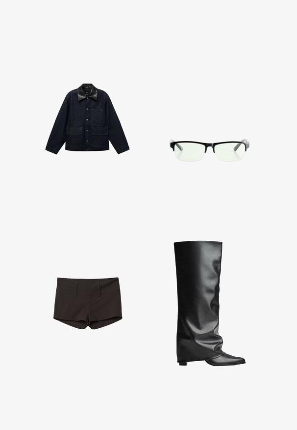 Ciemnoniebieska dżinsowa kurtka z czarnym skórzanym kołnierzem, z przodu zapinana na napy, wyposażona w dwie duże kieszenie z przodu oraz jedną kieszeń na piersi.; Biały koronkowy body z długim rękawem, z tkanym wzorem i niskim dekoltem z tyłu, zwężający się do wysokiego wycięcia nogawek.; Czarne bawełniane szorty o dopasowanym kroju, z gładką teksturą i dwiema przednimi kieszeniami. Średnio wysoki stan i brak widocznych wzorów.; Czarne skórzane kozaki do kolan o gładkiej fakturze, luźnym kroju, spiczastym nosku i niskim kwadratowym obcasie. Minimalistyczny styl bez widocznych elementów metalowych.; Czarne prostokątne okulary z przezroczystymi soczewkami, posiadające eleganckie czarne oprawki i szare transparentne końcówki zauszników. Minimalistyczny design, bez widocznego logo.