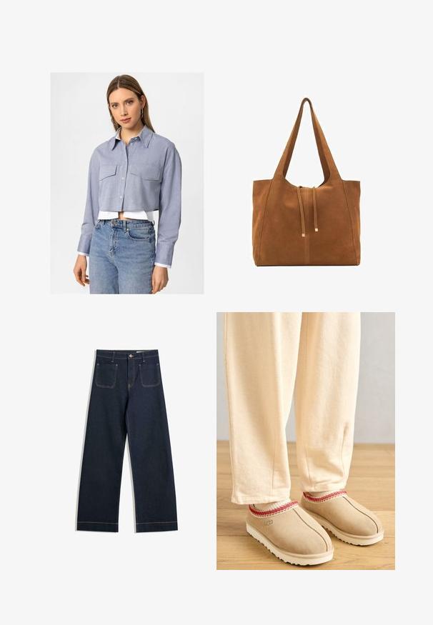 Donkerdenimjack met een zwarte leren kraag, voorzien van drukknopen aan de voorkant, twee grote zakken aan de voorkant en één borstzak.; Korte blauwe chambray blouse met lange mouwen, twee borstzakken en een witte button-down kraag, gelaagd over een witte blouse.; Donkerblauwe wijde jeans gemaakt van denim met contrasterende tan stiksels, twee achterzakken en een knoopsluiting bij de taille.; Tansuède klompen met een rode decoratieve rand en een witte rubberen zool, gecombineerd met lichtbeige broeken, geplaatst op een houten vloer.; Bruine suède schoudertas met twee lange hengsels, trekkoordsluiting en minimalistisch ontwerp. Gladde textuur en geen zichtbare hardware-accenten.