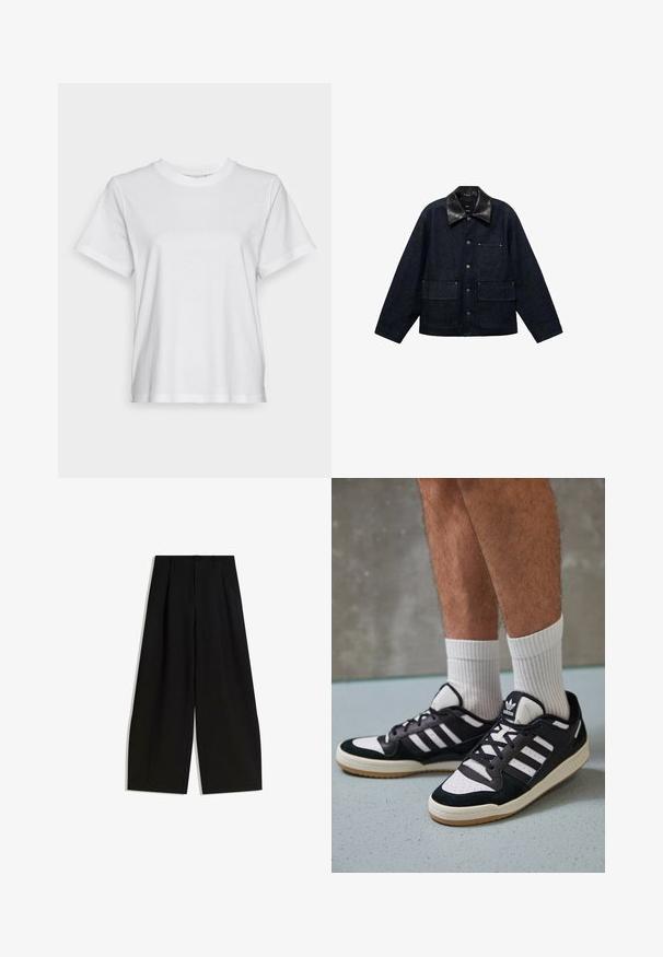 Mörk denimjacka med krage i svart läder, med framknäppningar med tryckknappar, två stora framfickor och en bröstficka.; Vit bomull t-shirt med korta ärmar, rund hals och en avslappnad passform. Slät textur, inga mönster eller grafiska tryck, grundläggande design.; Svarta vida byxor i mjukt tyg, med hög midja, veck framtill och utan synliga dekorationer eller mönster.; Svartvita sneakers med ovandel i mocka och läder, med tre vita ränder, perforerad tå och sula av gummigummi.