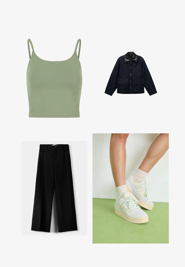 Dark denim jacket with a black leather collar, featuring front snap closures, two large front pockets, and one chest pocket.; Olive green fitted camisole top with thin straps, smooth texture, and a rounded neckline, designed for comfort and layering.; Black wide-leg trousers made of lightweight fabric, featuring a front button closure and flat front, with neatly stitched hems.; Light green sneakers with a textured surface, featuring three white stripes, a cream rubber sole, and lace-up design. Worn with light socks.
