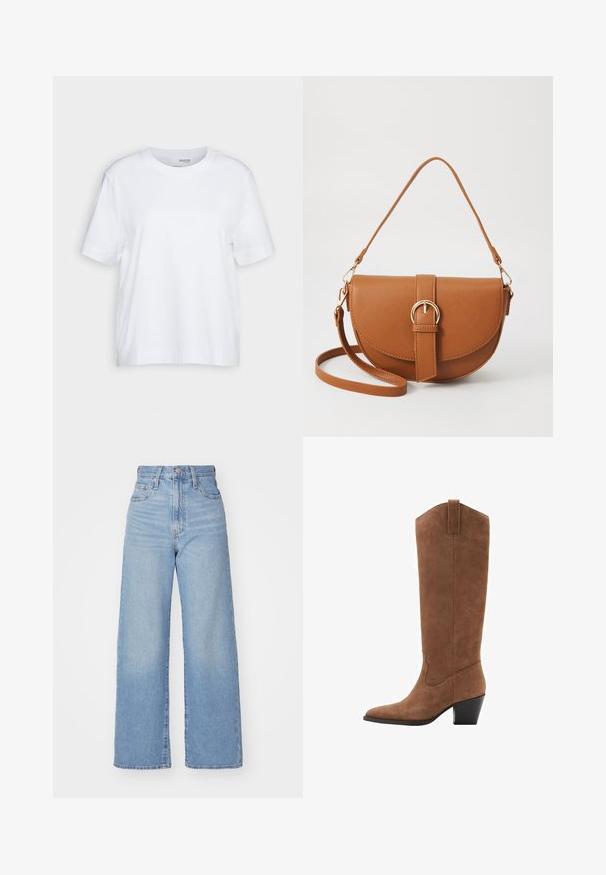 Dark denim jacket with a black leather collar, featuring front snap closures, two large front pockets, and one chest pocket.; White short-sleeve t-shirt, crew neck, made of soft, smooth cotton fabric, with a straight hem and minimal detailing. Plain and versatile design.; Light blue high-waist wide-leg jeans with front button and zip closure, front and back pockets, on a white background.; Brown suede knee-high boot with a pointed toe, slanted heel, and decorative stitching on the shaft. Smooth texture and tapered design.; Brown leather crossbody bag with a curved shape, gold hardware, and a buckle accent. Features a detachable shoulder strap.