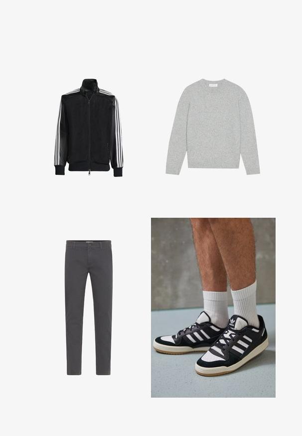 Sort meshjakke med lynlås foran, med ensfarvede sorte ærmer og tre hvide striber langs armene. Ribbet manchetter og kant.; Lys grå uldtrøje med rund hals, lange ærmer og ribbede manchetter og kant. Blød tekstur med et enkelt og minimalistisk design.; Grå, slim-fit bukser lavet af blød bomuld. Har en knaplukning, bæltestropper og et rent, strømlinet design. Ingen synlige mønstre.; Sorte og hvide sneakers med en overdel i ruskind og læder, der har tre hvide striber, en perforeret tå og en sål i gummigummi.