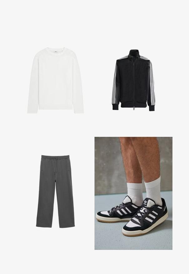 Crna mrežasta jakna s patentnim zatvaračem sprijeda, koja ima čvrste crne rukave i tri bijele pruge duž ruku. Riblje manžetne i rub.; Duga rukava bijela pamučna majica s okruglim izrezom, ravnim rubom i minimalističkim dizajnom. Glatka tekstura, bez uzoraka ili akcenta.; Tamno sive široke dukserice s elastičnim pojasom, vezicom i dva bočna džepa, prikazane na bijeloj pozadini.; Crne i bijele tenisice s gornjim dijelom od antilopa i kože, s tri bijele pruge, perforiranim prstom i gumiranim potplatom.
