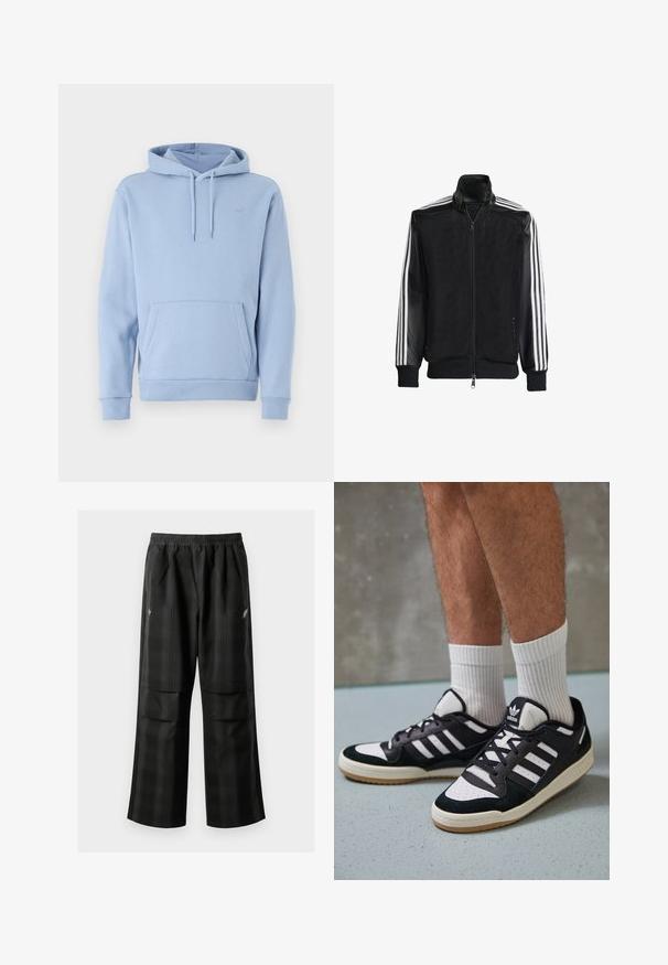 Veste en maille noire avec fermeture éclair à l'avant, présentant des manches noires unies et trois rayures blanches le long des bras. Poignets et ourlet côtelés.; Haut de survêtement bleu clair en tissu doux, avec une poche kangourou, un capuchon avec cordon de serrage réglable et des poignets côtelés. Petit logo sur la poitrine.; Pantalons à carreaux noirs avec une taille élastique, deux poches avant et une coupe ample avec une conception à jambe droite. Fabriqués en matériau léger.; Baskets noir et blanc avec une tige en suède et cuir, comportant trois rayures blanches, un bout perforé et une semelle en caoutchouc gum.