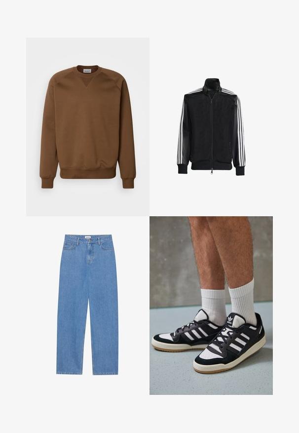 Čierna sieťovaná bunda so zipsom vpredu, s pevnými čiernymi rukávmi a tromi bielymi pruhmi po stranách rukávov. Žebrované manžety a spodný lem.; Carhartt WIP CHASE - Mikina - chocolate/gold; Svetlomodré denimové nohavice s rovnými nohavicami, dizajnom s piatimi vreckami, zapínaním na jeden gombík a jemnými švovými detailmi.; Čierno-biele tenisky s vrchom z semišu a kože, s troma bielymi pruhmi, perforovanou špičkou a gumovou podrážkou.