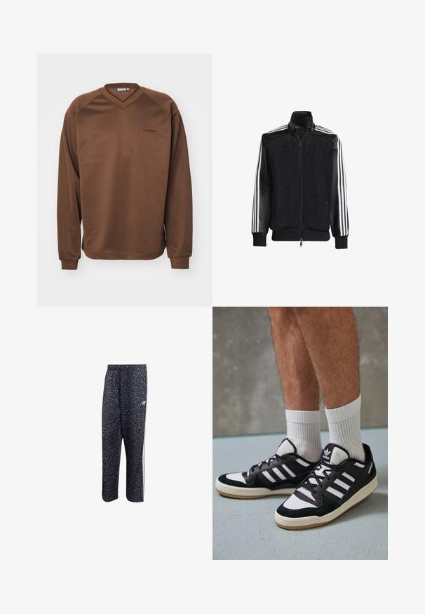 Musta verkkomantteli, jossa on vetoketjulla suljettava etuosa, mustat hihat ja kolme valkoista raitaa käsivarsilla. Ribbaatut hihansuut ja helma.; Ruskea huppari, jossa on V-pääntie, pitkät raglan-hihat ja ribattu pääntie. Rinnassa on hillitty brodeerattu logo. Sileä tekstuuri.; Mustat urheiluhousut, joissa on leopardikuosiset yksityiskohdat, valkoiset kolme viivaa -design ja urheilumerkin logo sivussa.; Valkoiset ja mustat tennarit, joissa on mokkanahka- ja nahkapäällinen, kolme valkoista raitaa, rei'itetty kärki ja kumipohja.