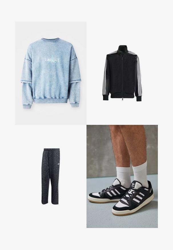 Melna režģa jakas ar rāvējslēdzēja priekšpusi, kam ir viendabīgas melnas piedurknes un trīs baltas svītras gar rokām. Ribota aproce un apakša.; Zils kokvilnas vardnešs ar nolaižamām plecu šuvēm, ribotu apkakli un izšuvumiem. Piedāvā brīvu piegriezumu un teksturētu audumu.; Melnas sporta bikses ar leopardu rakstu, ar baltu trīs svītru dizainu un sporta zīmola logo sānos.; Melnas un baltas kedas ar zamša un ādas augšdaļu, kas aprīkotas ar trim baltām svītrām, perforētu purngali un gumijas zolēm.