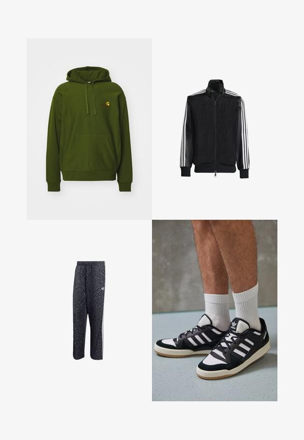 Čierna sieťovaná bunda so zipsom vpredu, s pevnými čiernymi rukávmi a tromi bielymi pruhmi po stranách rukávov. Žebrované manžety a spodný lem.; Zelená mikina vyrobená z bavlnenej zmesi, s klokaniu kapsou, nastaviteľnou kapucňou so šnúrkou a vyšitým logom na hrudi.; Čierne športové nohavice s leopardím vzorom, s bielym trojpruhovým dizajnom a logom športovej značky na boku.; Čierno-biele tenisky s vrchom z semišu a kože, s troma bielymi pruhmi, perforovanou špičkou a gumovou podrážkou.