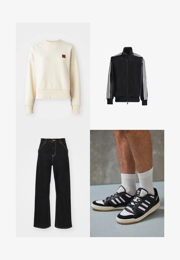 Črna mrežasta jakna z zadrgo spredaj, s trdnimi črnimi rokavi in tremi belimi črtami vzdolž rokavov. Rebrasti robovi in spodnji del.; Svetlo kremna sweatshirt z ribanim manšetnim in spodnjim robom. Ponuja kvadratno rjavo oznako blagovne znamke na sprednjem levem predelu prsi. Mehka tkanina, sproščen kroj.; Črne široke kavbojke iz denima, ki imajo kontrastne bele šive in sprednje gumbno zapiranje, ter dve nagnjeni sprednji žepi.; Črno-bele superge z zgornjim delom iz usnja in nubuka, ki imajo tri bele črte, perforiran vrh prstov in podplat iz gume.