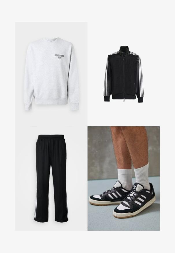 Černá síťovaná bunda na zip, s celými černými rukávy a třemi bílými pruhy podél rukávů. Hladké manžety a lem.; Šedá mikina s kulatým výstřihem, žebrovanými manžetami a spodním lemem. Obsahuje malé černé logo "Carhartt WIP" na levé části hrudníku. Materiál je z bavlněné směsi.; Černé sportovní kalhoty s elastickým pasem, s bílými bočními pruhy a malým logem. Materiál vypadá měkce a lehce.; Černobílé tenisky s vrchní částí z semišové a kožené kůže, včetně tří bílých pruhů, perforovaného špičky a podrážky z gumy.