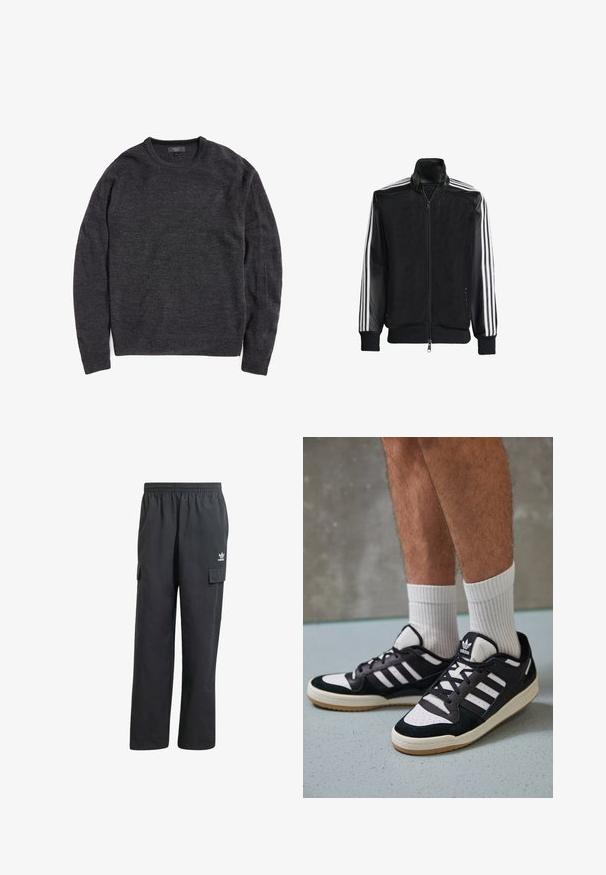 Czarna siateczkowa kurtka z zamkiem z przodu, z jednolitymi czarnymi rękawami i trzema białymi paskami wzdłuż ramion. Prążkowane mankiety i dół.; Ciemnoszara sweter dziewiarski z okrągłym dekoltem, długimi rękawami oraz ściągaczami na mankietach i dole. Miękka tekstura, minimalistyczny design bez widocznych wzorów lub akcentów.; Czarne spodnie cargo z elastycznym paskiem w talii, dwoma bocznymi kieszeniami i subtelnym logo na lewym udzie. Wykonane z lekkiego materiału.; Czarno-białe sneakersy z zamszową i skórzaną cholewką, z trzema białymi paskami, perforowanym czubkiem i gumową podeszwą w kolorze gumy.