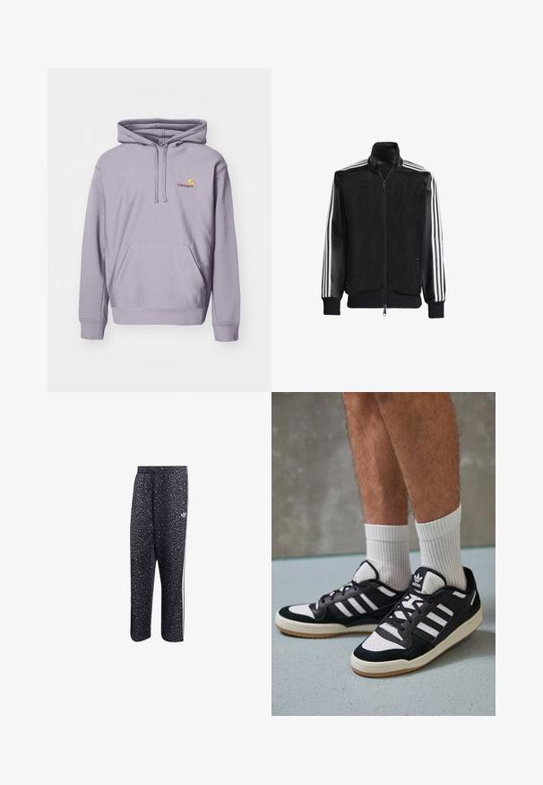 Musta verkkomantteli, jossa on vetoketjulla suljettava etuosa, mustat hihat ja kolme valkoista raitaa käsivarsilla. Ribbaatut hihansuut ja helma.; Violetti huppari, joka on valmistettu puuvillasekoitteesta. Siinä on keskellä sijaitseva kengurupussi, nyöritettävä huppu ja brodeerattu logo rinnassa.; Mustat urheiluhousut, joissa on leopardikuosiset yksityiskohdat, valkoiset kolme viivaa -design ja urheilumerkin logo sivussa.; Valkoiset ja mustat tennarit, joissa on mokkanahka- ja nahkapäällinen, kolme valkoista raitaa, rei'itetty kärki ja kumipohja.