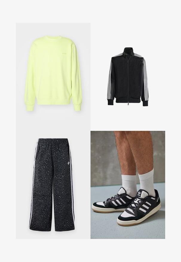Čierna sieťovaná bunda so zipsom vpredu, s pevnými čiernymi rukávmi a tromi bielymi pruhmi po stranách rukávov. Žebrované manžety a spodný lem.; Svetlá žltá mikina vyrobená z mäkkej látky, s okrúhlym výstrihom, dlhými rukávmi a rebrovanými manžetami. Na prednej strane je nenápadné logo.; adidas Originals GRAPHIC UNISEX - Tepláky - black; Čierno-biele tenisky s vrchom z semišu a kože, s troma bielymi pruhmi, perforovanou špičkou a gumovou podrážkou.