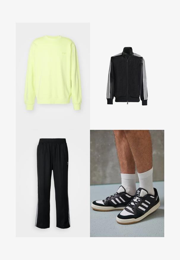 Fekete hálós dzseki, elöl cipzárral, amelynek egyszínű fekete ujjai és három fehér csíkja van a karokon. Rugalmas mandzsetták és derék.; Fényes sárga pulóver, puha anyagból készült, kerek nyakkivágással, hosszú ujjal és bordázott mandzsettával. Diszkrét logó az elején.; Fekete sportnadrág rugalmas derékrésszel, fehér oldalsávokkal és egy kis logóval. Az anyaga lágy és könnyűnek tűnik.; Fekete-fehér tornacipők velúr és bőr felsőrésszel, három fehér csíkkal, perforált orral és gumi talppal.