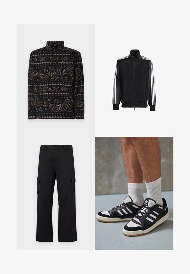 Black mesh jacket with a zip front, featuring solid black sleeves and three white stripes along the arms. Ribbed cuffs and hem.; Black fleece pullover with paisley and geometric patterns in brown, pink, and cream. Features a quarter-zip front and high collar.; Black cargo pants with a straight leg design. Made from durable fabric, featuring two side pockets with flap closures and a button fly.; Black and white sneakers with a suede and leather upper, featuring three white stripes, a perforated toe, and a gum rubber sole.