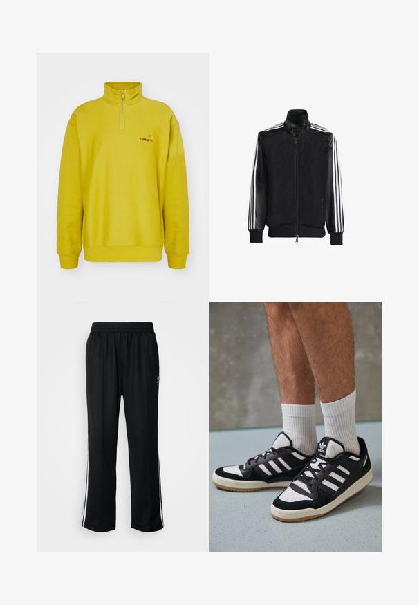 Veste en maille noire avec fermeture éclair à l'avant, présentant des manches noires unies et trois rayures blanches le long des bras. Poignets et ourlet côtelés.; Pull en polaire jaune avec un col zippé à mi-hauteur, des poignets côtelés et un logo brodé sur la poitrine gauche. Texture lisse.; Pantalons de sport noirs avec une taille élastique, ornés de rayures blanches sur les côtés et d'un petit logo. Le matériau semble doux et léger.; Baskets noir et blanc avec une tige en suède et cuir, comportant trois rayures blanches, un bout perforé et une semelle en caoutchouc gum.