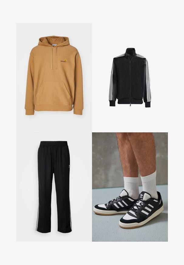 Črna mrežasta jakna z zadrgo spredaj, s trdnimi črnimi rokavi in tremi belimi črtami vzdolž rokavov. Rebrasti robovi in spodnji del.; Rjav kapučen pulover iz mehkega materiala, s prednjim žepom in vezenim logotipom na prsih. Enostavna zasnova, rebrasti manšeti.; Črne atletske hlače z elastičnim pasom, ki imajo bele stranske črte in majhen logo. Material izgleda mehak in lahek.; Črno-bele superge z zgornjim delom iz usnja in nubuka, ki imajo tri bele črte, perforiran vrh prstov in podplat iz gume.
