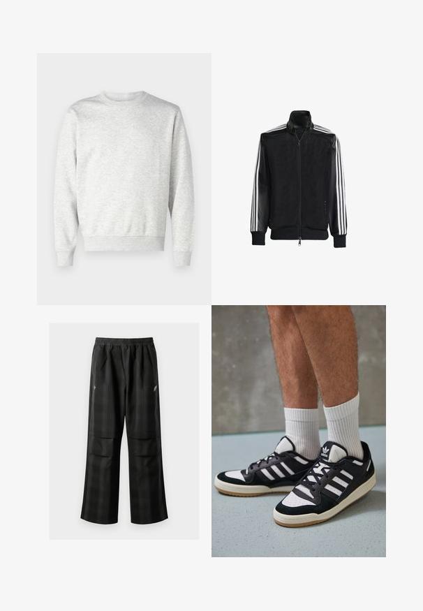 Schwarze Mesh-Jacke mit Reißverschluss vorne, die aus einem einfarbigen schwarzen Ärmeln und drei weißen Streifen an den Armen besteht. Gerippte Bündchen und Saum.; Grauer Pullover aus weichem Stoff. Mit Rundhalsausschnitt, langen Ärmeln, gerippten Bündchen und gerippetem Saum. Einfaches, ungeschmücktes Design.; Schwarze karierte Hosen mit elastischem Bund, zwei Fronttaschen und lockerer Passform im geraden Beinschnitt. Hergestellt aus leichtem Material.; Schwarz-weiße Sneaker mit einem Obermaterial aus Wildleder und Leder, ausgestattet mit drei weißen Streifen, einer perforierten Zehenpartie und einer Sohle aus Gummi.