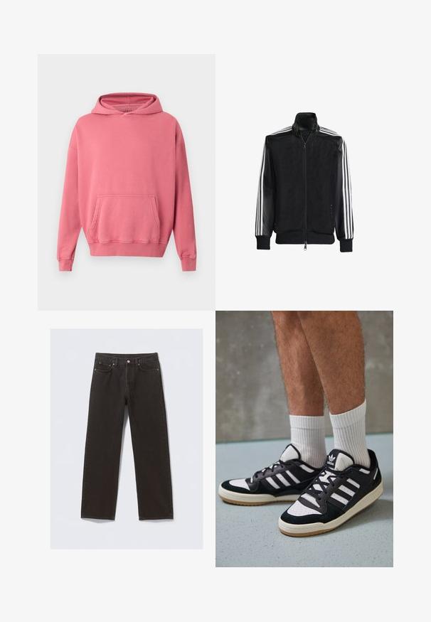 Černá síťovaná bunda na zip, s celými černými rukávy a třemi bílými pruhy podél rukávů. Hladké manžety a lem.; Růžová mikina s kapucí a klokaní kapsou, s žebrovanými manžetami a lemem. Vyrobena z jemné, strukturované tkaniny. Jednoduchý design, žádné viditelné logo nebo vzory.; Černé džíny z denimu se střihováním rovného nohavice, pěti kapsami a měděným prošíváním. Hladká textura, klasické zapínání na knoflík v pase.; Černobílé tenisky s vrchní částí z semišové a kožené kůže, včetně tří bílých pruhů, perforovaného špičky a podrážky z gumy.