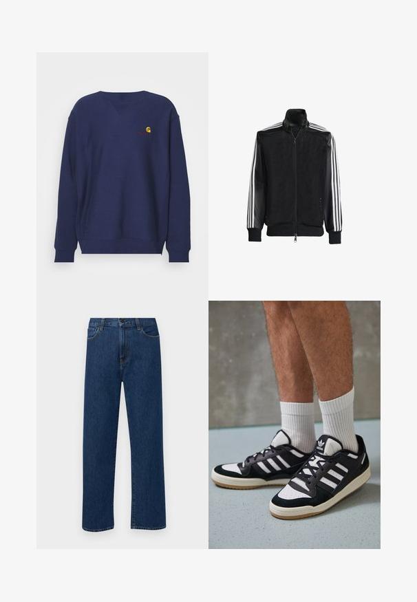 Zwarte maillotjas met een rits aan de voorkant, met stevige zwarte mouwen en drie witte strepen langs de armen. Geribbelde manchetten en zoom.; Carhartt WIP AMERICAN SCRIPT - Sweater - air force blue; Donkerblauwe rechte denim jeans met frontzakken en een knoopsluiting, weergegeven op een effen witte achtergrond.; Zwart-witte sneakers met een bovenwerk van suede en leer, voorzien van drie witte strepen, een geperforeerde neus en een rubberen gumzool.