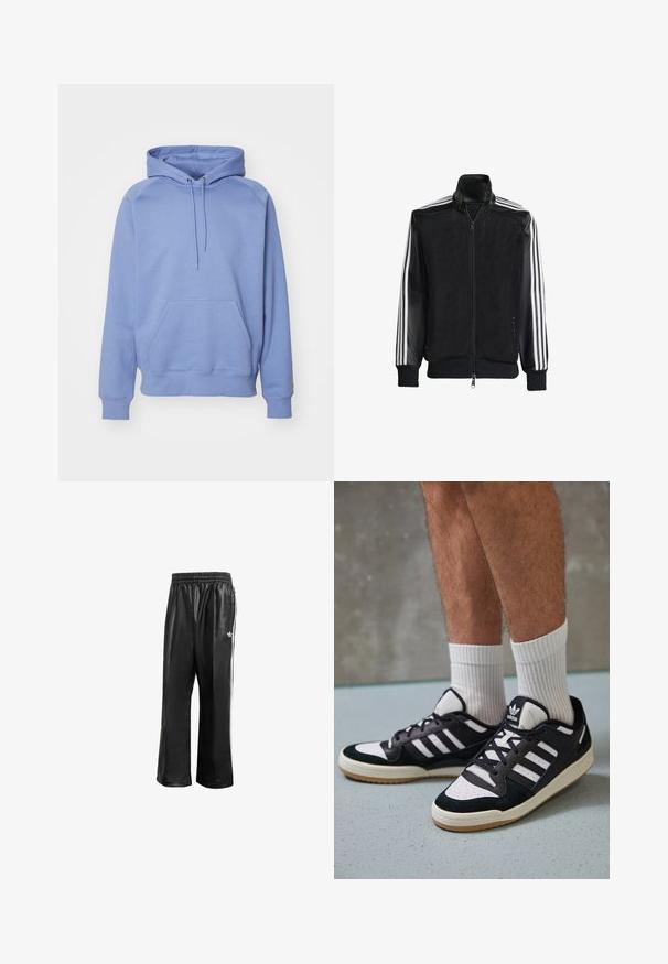 Jachetă din plasă neagră, cu fermoar față, având mâneci negre solide și trei dungi albe pe brațe. Manșete și tiv cu nervuri.; Hanorac cu glugă de culoare albastru deschis, dintr-un amestec de bumbac. Include o buzunar frontal tip kangaroo, manșete ribbate și o croială lejeră.; Pantaloni de trening sintetici negri cu talie elastică, având dungi albe pe laturi și un mic logo alb pe şoldul stâng.; Adidași negri și albi cu un superior din suede și piele, prevăzuți cu trei dungi albe, un vârf perforat și o talpă din cauciuc caramel.